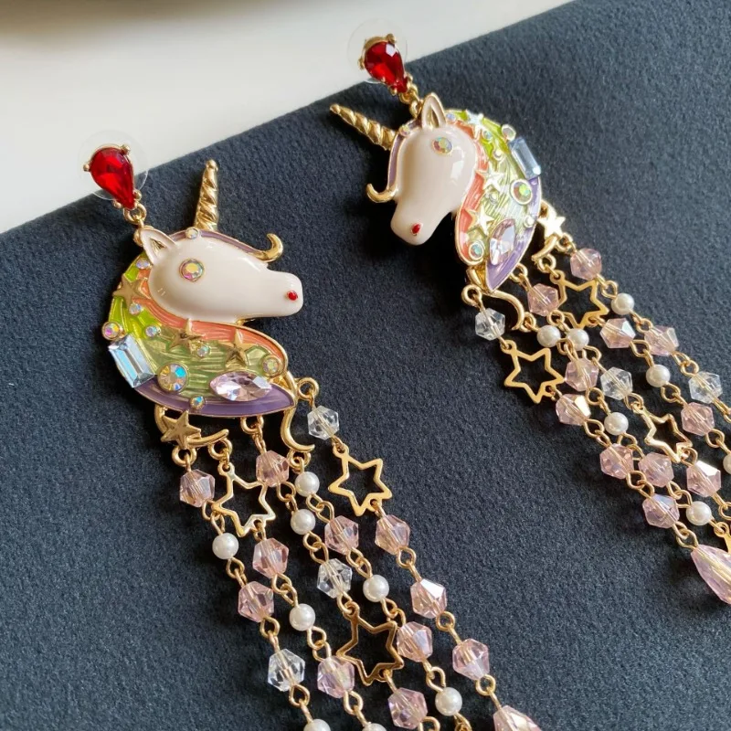 

Medieval Horse Long Earrings French Handmade Enamel Fashionable Simple Unicorn Dangle Earrings Symmetrical Tassel Earrings