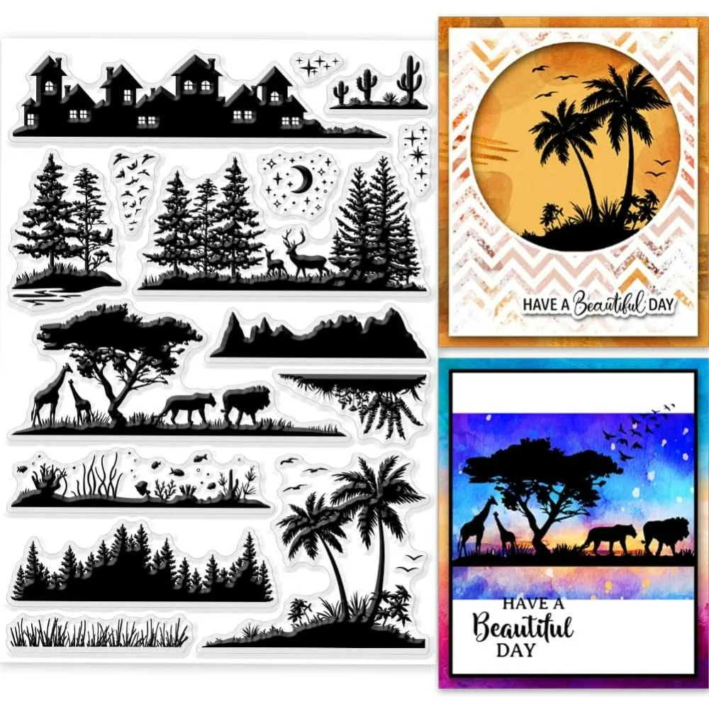 Landscape Silhouette Clear Stamps for Cards Making Scenery and Animals Clear Stamp Seals Transparent Stamps for DIY Scrapbooking