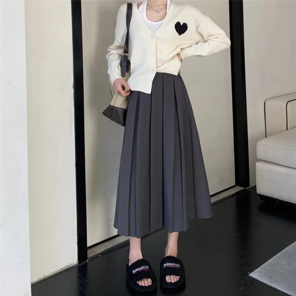 Students Long Pleated Skirt Women Brown Korea Fashion Autumn High Waist Black Midi Skirt Preppy Elegant A Line Girls Skirts Gray