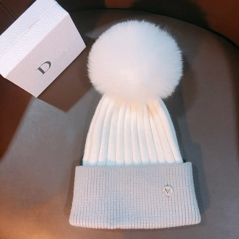 Natural Mink Pom Pom Beanies Winter Hat Children Women fox Fur Pompoms Kids Girls Knitted Hat Fashion Ear Protection Wool Hat