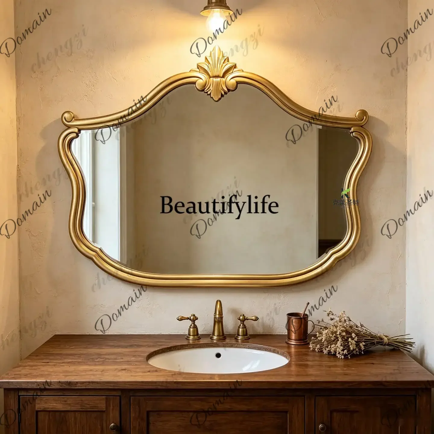 YFC French retro smart bathroom mirror American carved fireplace decorative mirror European light luxury wall hanging high-end