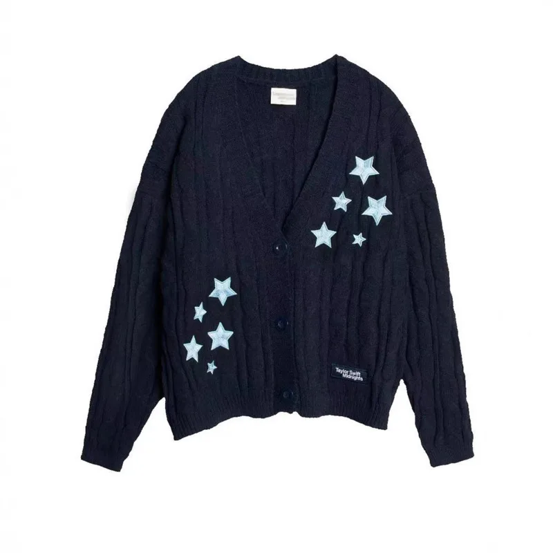 

Star Embroidery Lazy Sweater Autumn Winter New College Style Design Cable Knit Color Block Casual Versatile For Women's Cardigan