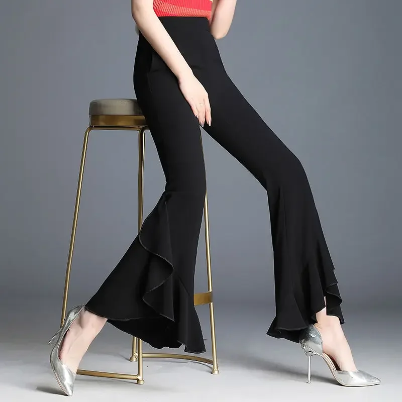 Pantalones finos de gasa para mujer, pantalón holgado de cintura alta con bolsillos y empalme elástico, color negro, 2024