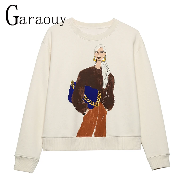 Garaouy 2023 New Spring Women Solid Color Cartoon Decoration Sports Pullover Long Sleeve Round Neck All-Match Sweatshirts Ladies