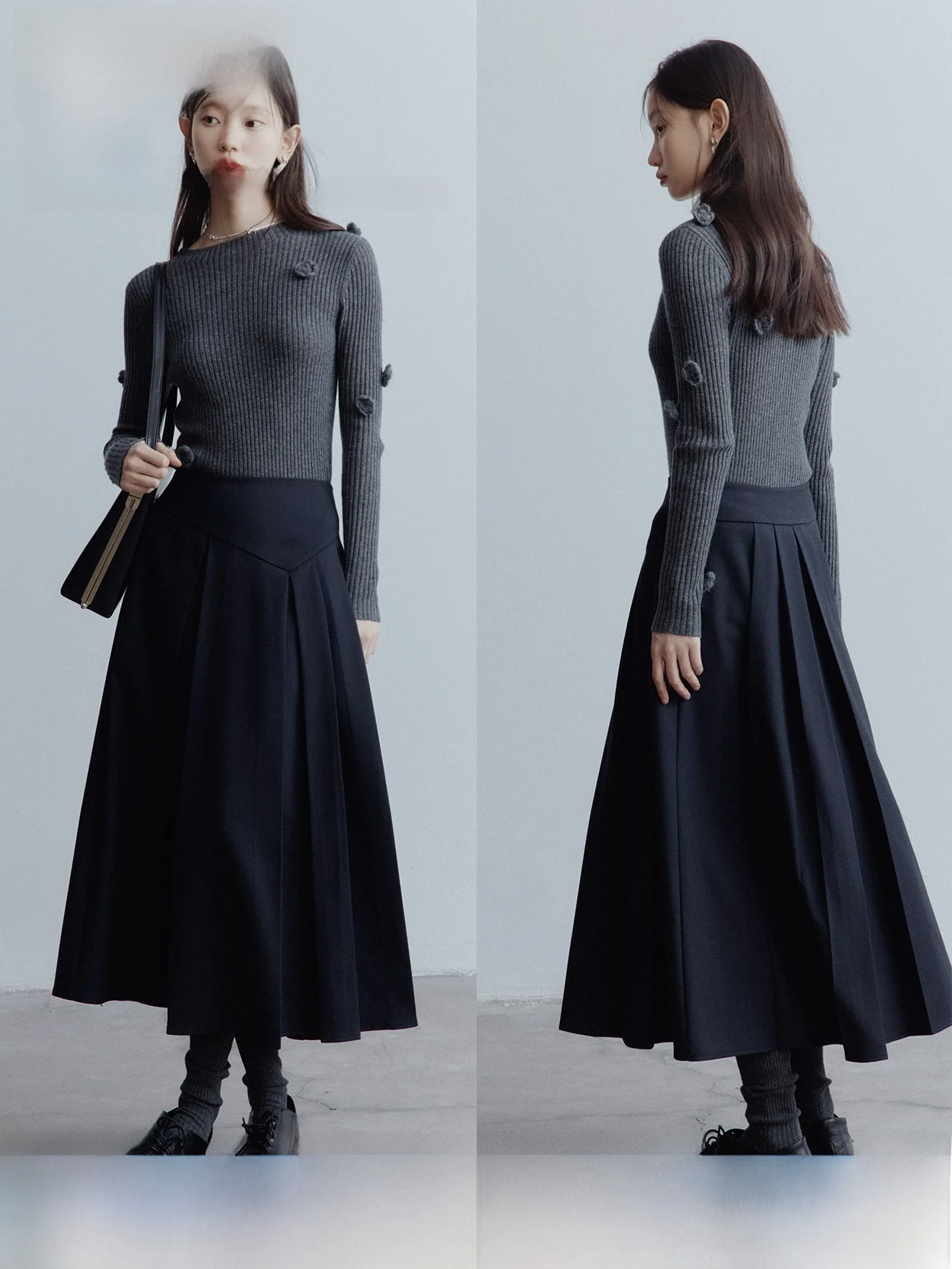 

Fussed Heavy-Handmade Woolen Skirt in ey with Crumpled Design High Waist A-Line f Skirt for Young Women in Campus