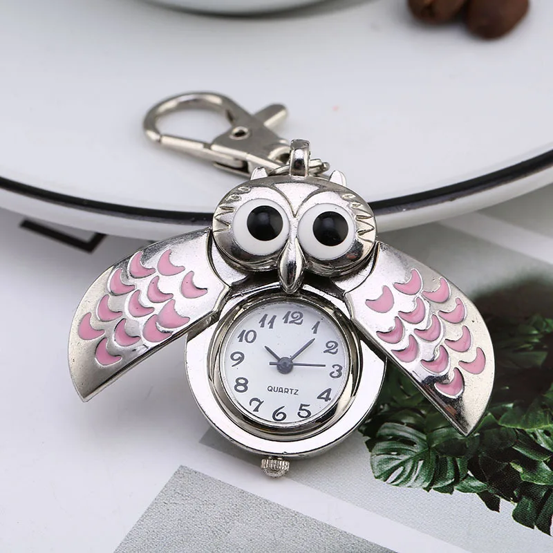 New Fashion Cute Flip Style Small Owl Necklace Hanging Watch Keychain Cartoon Pocket Watch On Chain Pendant Birthday Gifts
