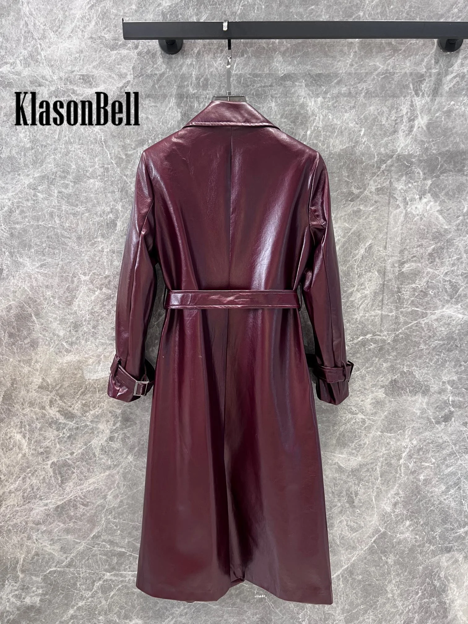 9.19 KlasonBell Women Clothes Vintage Pu Leather Sashes Mid-Length Trench Temperament Double Breasted Long Sleeve Outerwear