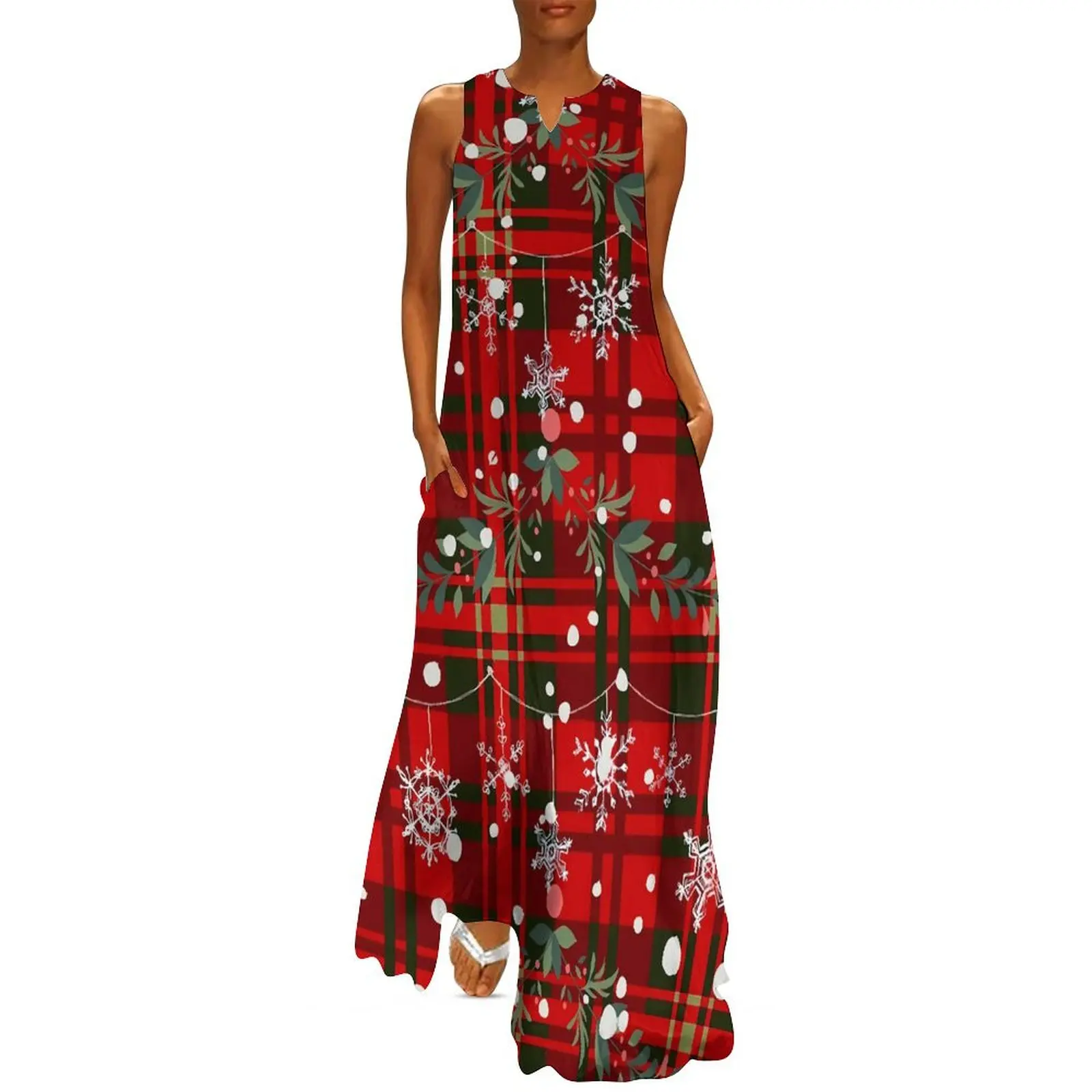 Christmas Snowflake Dress Spring Red Plaid Print Aesthetic Casual Long Dresses Ladies Custom Vintage Maxi Dress Big Size 5XL