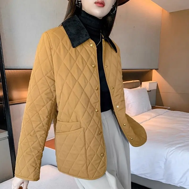 New British Style Women Corduroy Collar Straight Loose Diamond-shaped Cotton Quilted Long-sleeved Classic Cotton Jacket