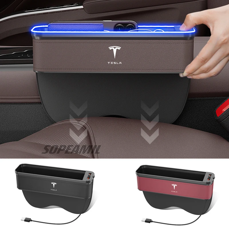 자동차 USB 충전 다기능 틈새 보관함 Tesla Cybertruck Roadster 모델 3 모델 Y 모델 S 모델 X 용 시트 갭 박스 썸네일 2