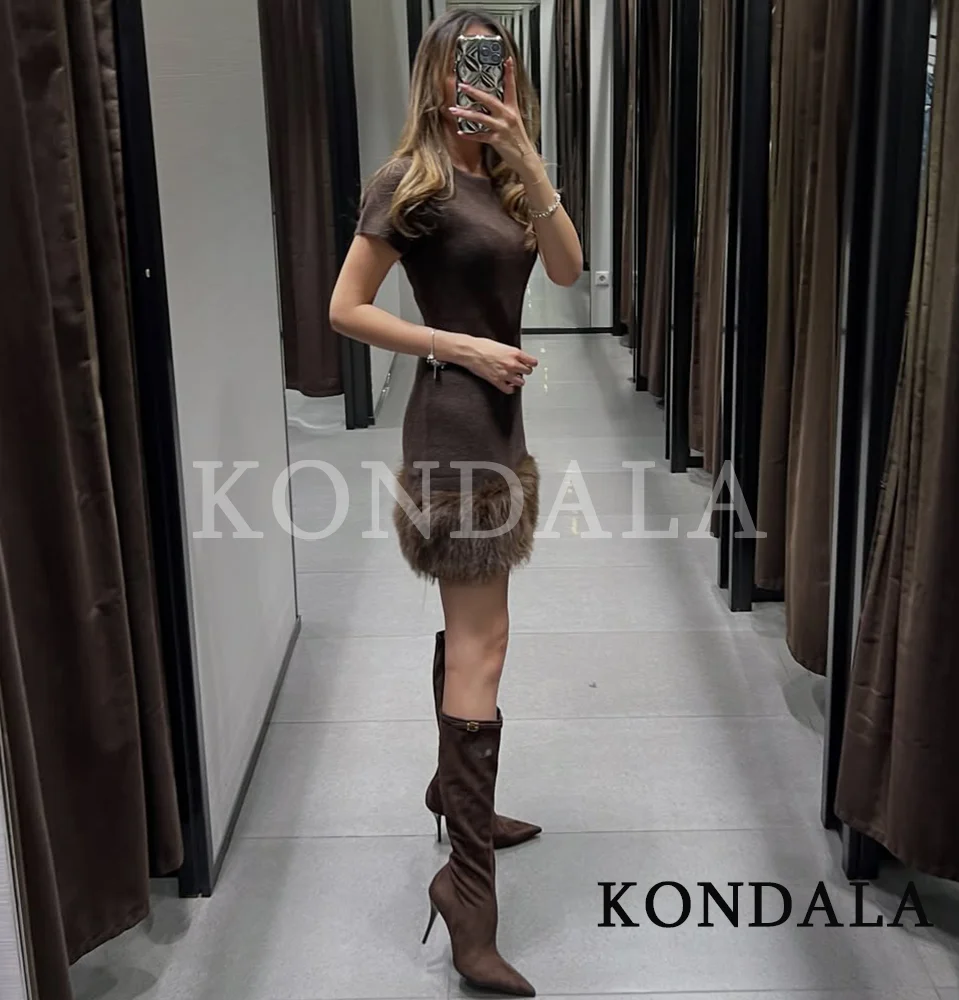 KONDALA 秋ニットフェイクファー裾ショートドレス レディース エレガント半袖ドレス 2025 春秋ファッションパーティーショートドレス