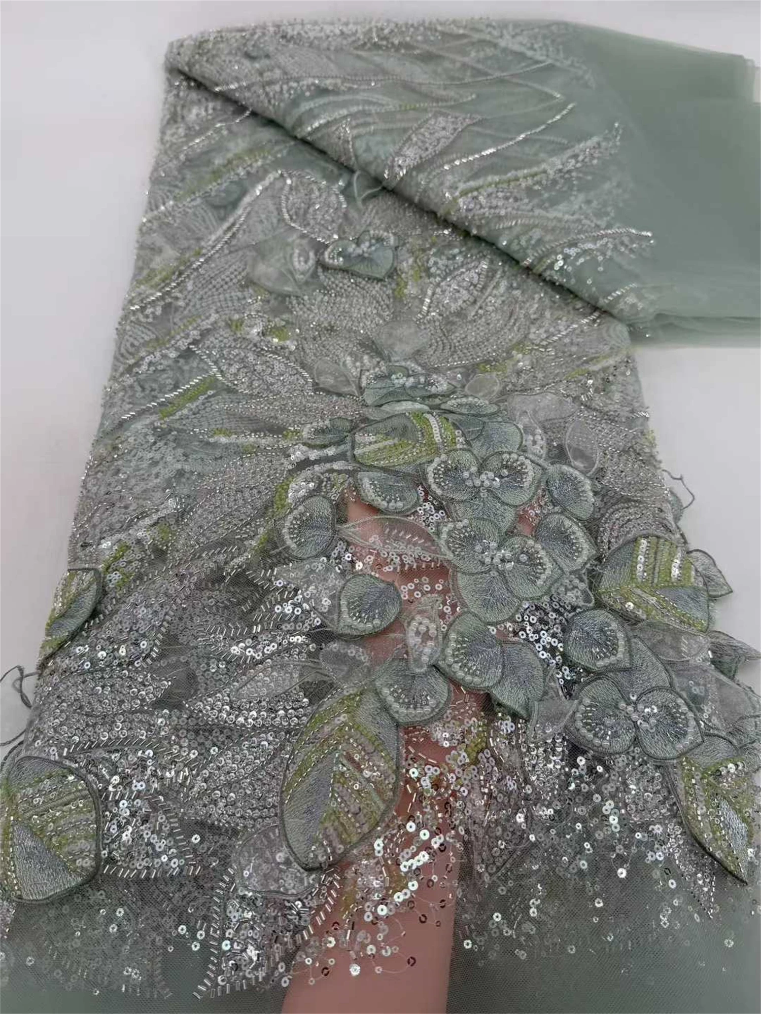 

Model Design African Sequin Lace Fabric 2026 High Quality 3D French Beaded Lace Fabric Nigerian Bride For Wedding Party Dresses