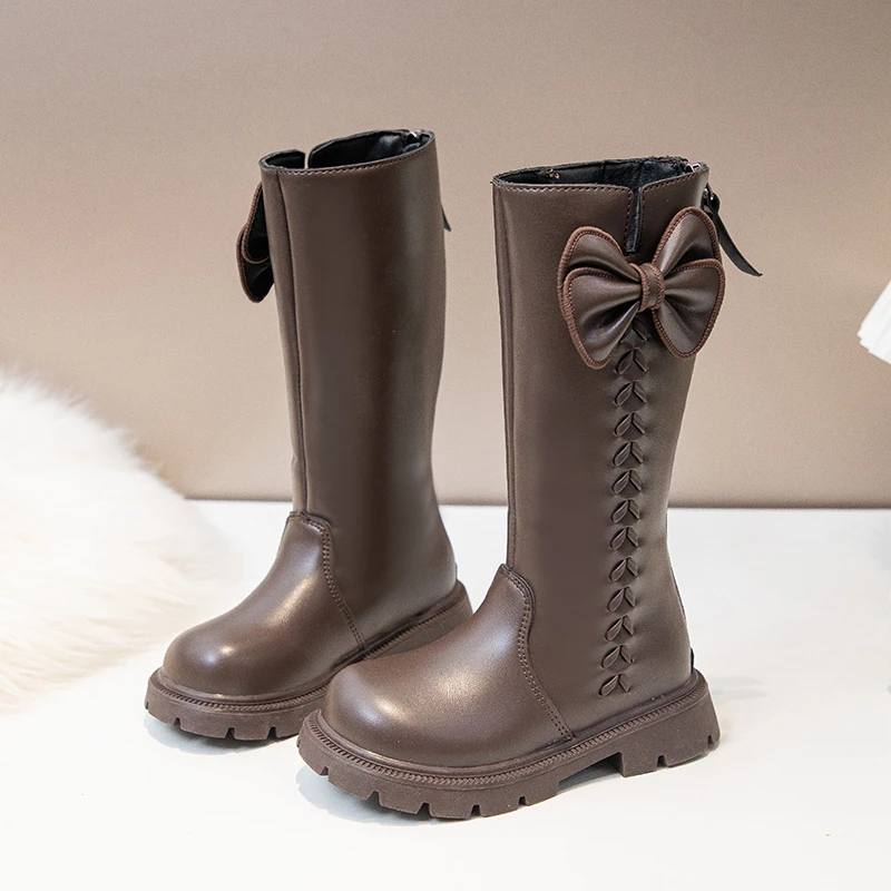 الفتيات أحذية الأميرة نمط الاطفال أحذية طويلة الحلو الأقواس الكبيرة الخريف الأطفال أحذية عالية أصابع مستديرة الجانب البريدي الاطفال أحذية لفتاة #5