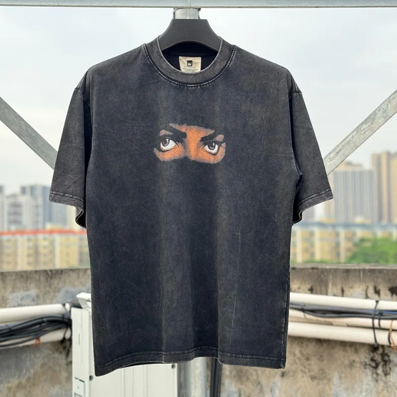 

New Make Old Wash Black Heavyweight T-shirt Men Woman 1:1 High Quality Chaopai Eye Print Casual Loose Top Tees