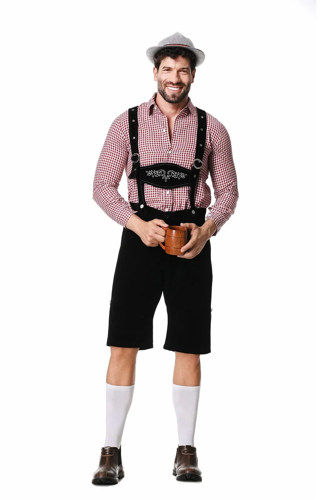 M-XXL Uomo Bavarese Oktoberfest Lederhosen Costume per Cosplay Festival della birra tedesca Bretelle Pagliaccetti Camicia Cappello Set Outfit