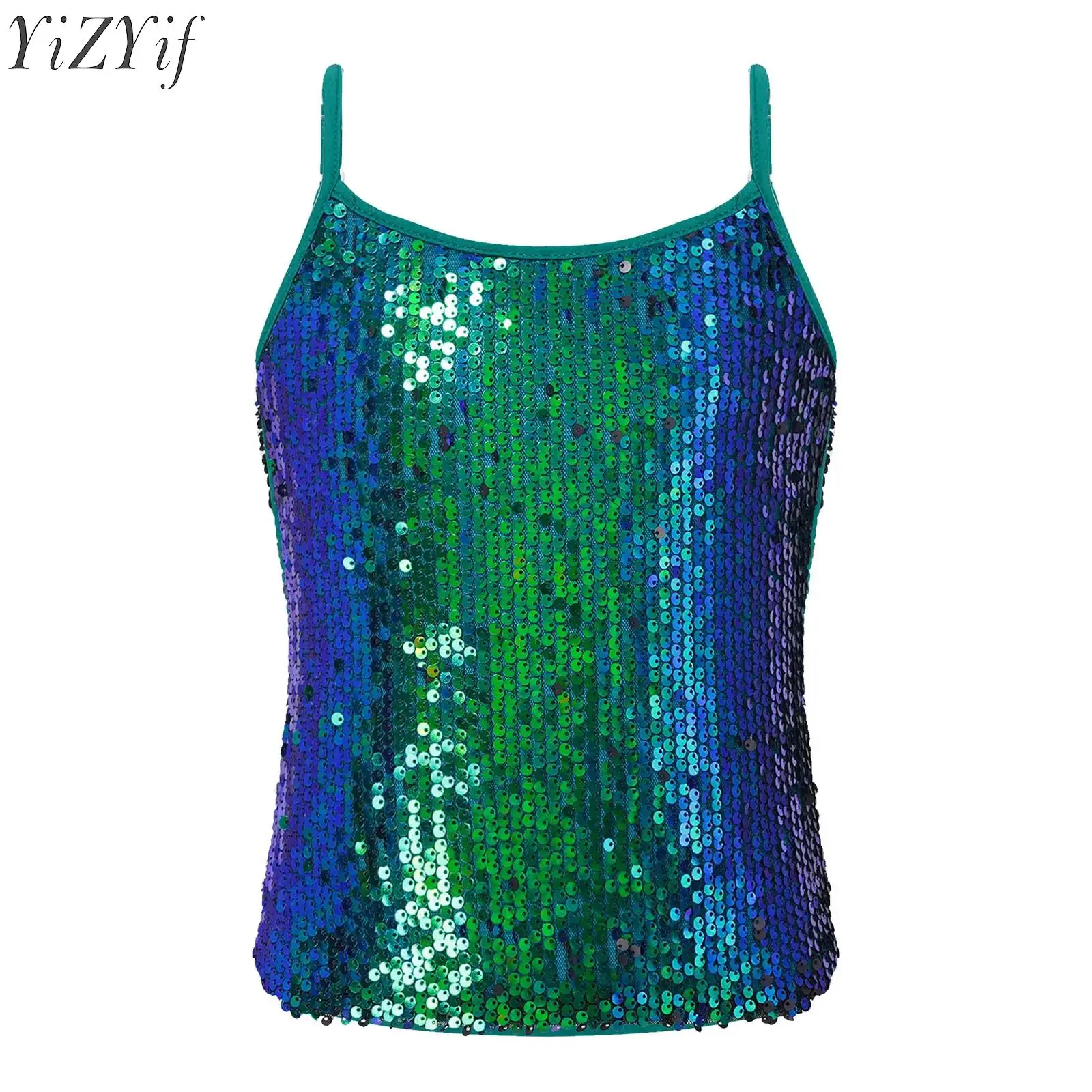 

Kids Girls Shiny Sequins Tank Tops Ballet Crop Tops Adjustable Spaghetti Straps Tops for Latin Jazz Dancing Stage Performance