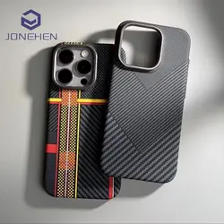 Luxury Alloy Lens Personalized Pixel 3D Relief Carbon Fibre Pattern Case For iPhone 13 14 15 16 Pro Max Slim Cover For Magsafe