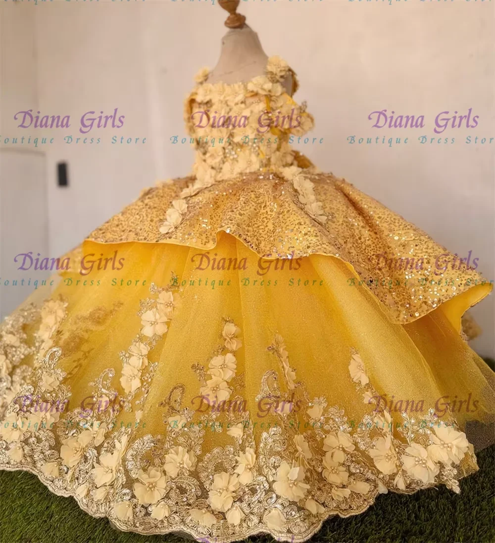 

New Luxury Quality Flower Girl Dress Tulle Fluffy With Exquisite Gold Applique For Kids Wedding Party Birthday Evening Gowns