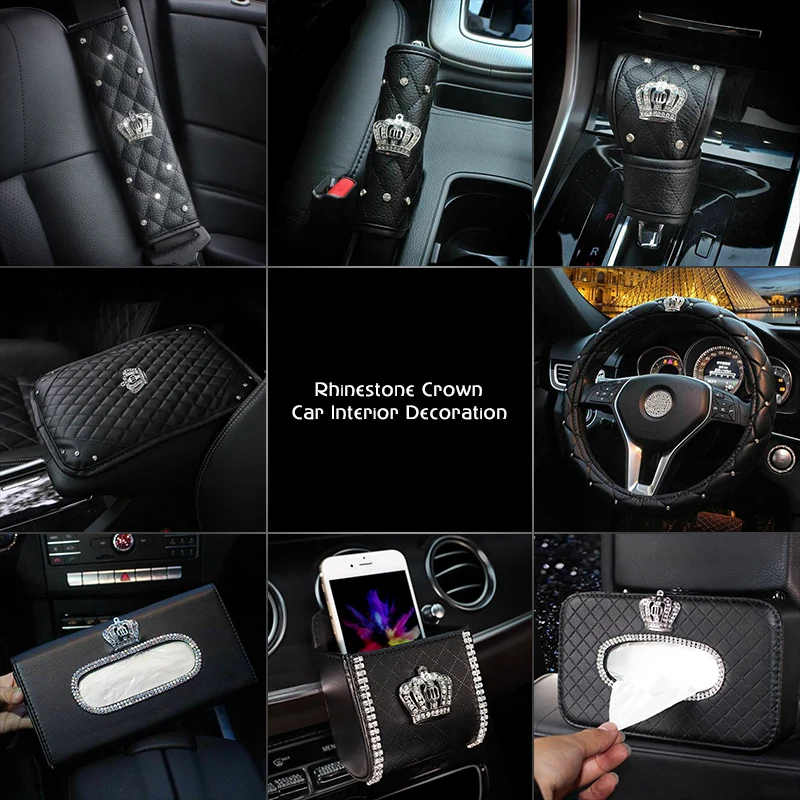 Microfiber Leather Car Steering Wheel Cover Luxury Diamond Crown Series Car Accessories Tissue Box Key Case Auto Interior Unisex