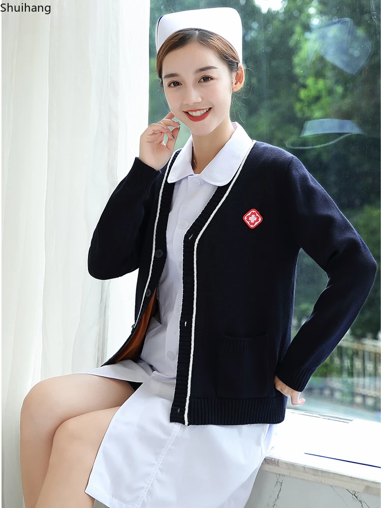 Nurse's sweater jacket, cardigan, navy blue, fleece and thick knit, the nurse's coat is warm in autumn and winter