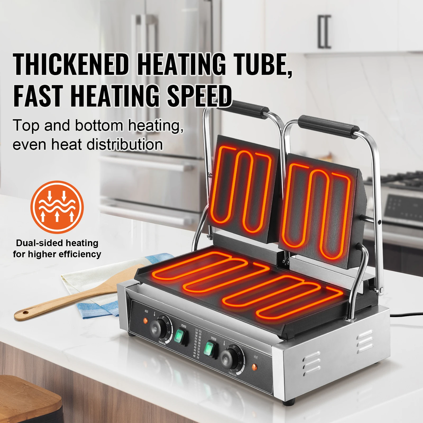 SucceBuy شواية بانيني التجارية 3600 واط صانع بانيني كهربائي من الفولاذ المقاوم للصدأ مكبس ساندويتش مزدوج شواية بانيني مع التحكم في درجة الحرارة