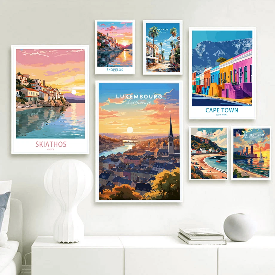 Watercolour City Beauty Lake Michigan S.Africa Paphos Luxembourg Fashion Wall Art Canvas Painting Nordic Poster Room Decor