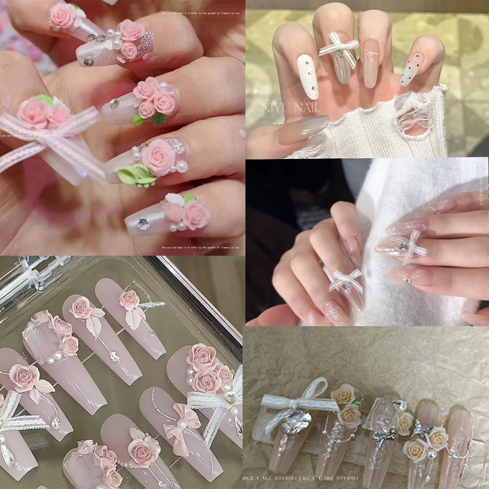20pcs ลูกไม้ & 30pcs 3D ขนาดผสมเพิร์ลเรซิ่นดอกไม้สีชมพู Rose เล็บ Charms อุปกรณ์เสริมเล็บหรูหราตกแต่งอุปกรณ์