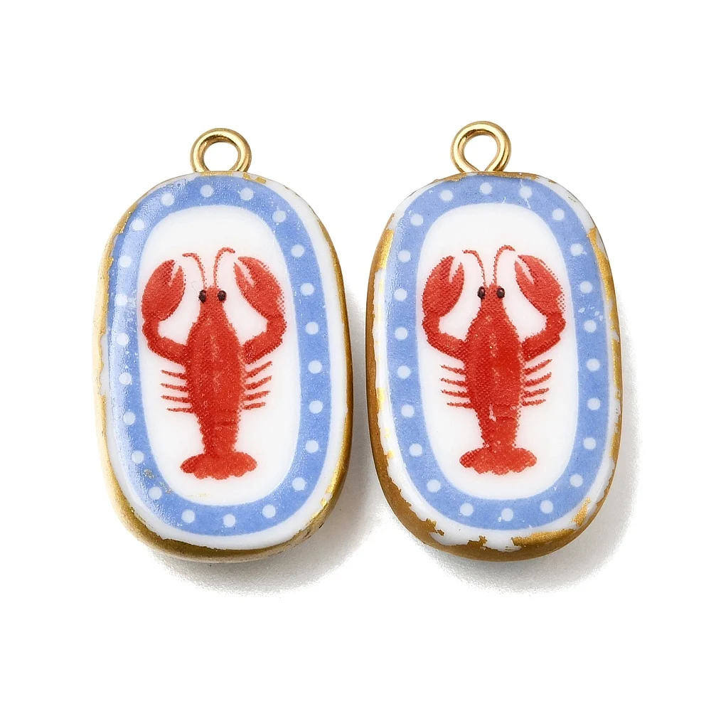 

20pcs Handmade Porcelain Lobster Charms Printed Decor Oval Ceramic Animal Jewelry Findings for Bracelets Craft Making Supplies
