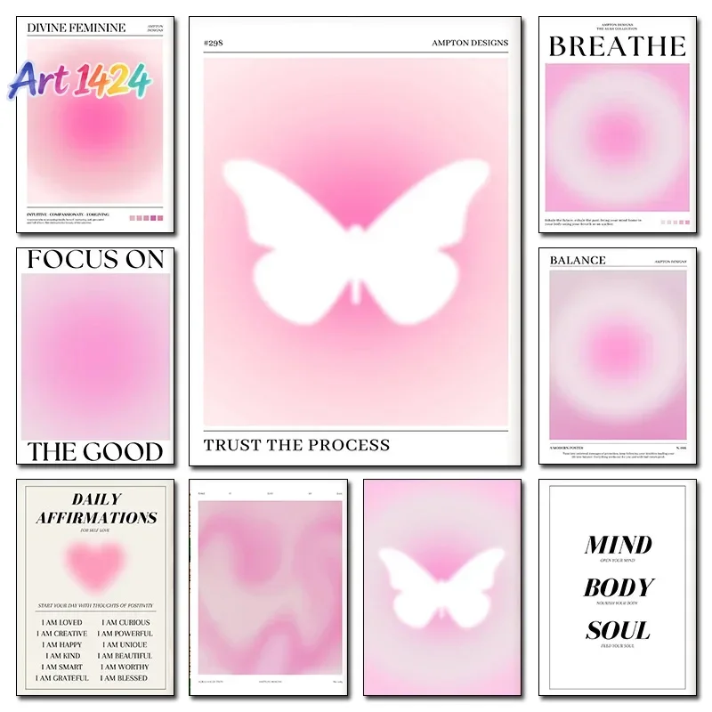 Pink Aura Affirmation Love Circle Butterfly Posters Print Canvas Art HD Pictures Home for Bedroom Wall Decor Frameless Painting