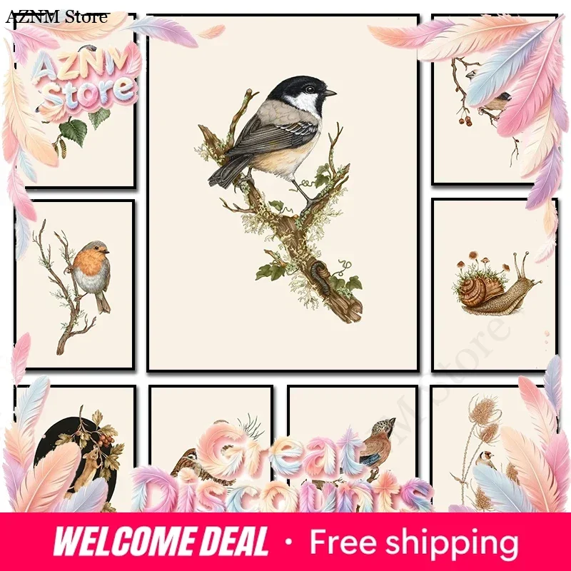 Retro Animal Garden Snail Goldfinch Mouse on Hawthorn Birds Branches Art Poster Canvas Painting And Prints HD Picture Home De
