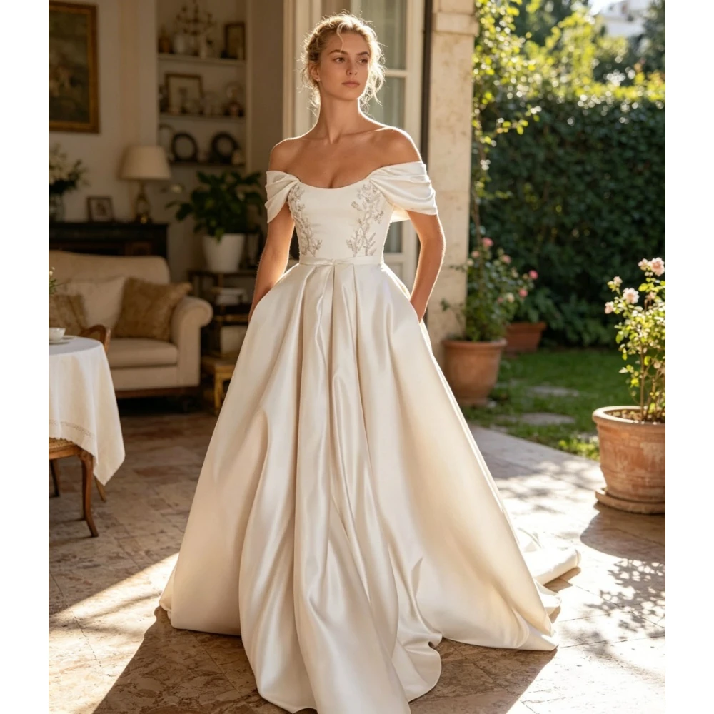 Customized Retro Shoulder Satin Wedding Dresses 2026 Handmade Crystal Flower Stickers Classic Sleeveless Elegant Bridal Gown