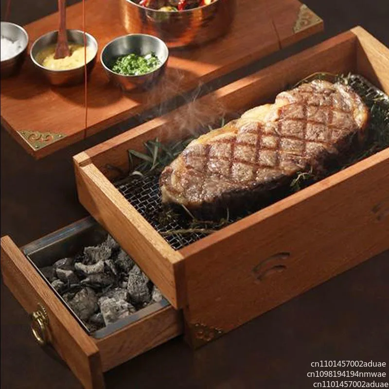 Creative wooden small western carbon fire steak barbecue box smoked meat box