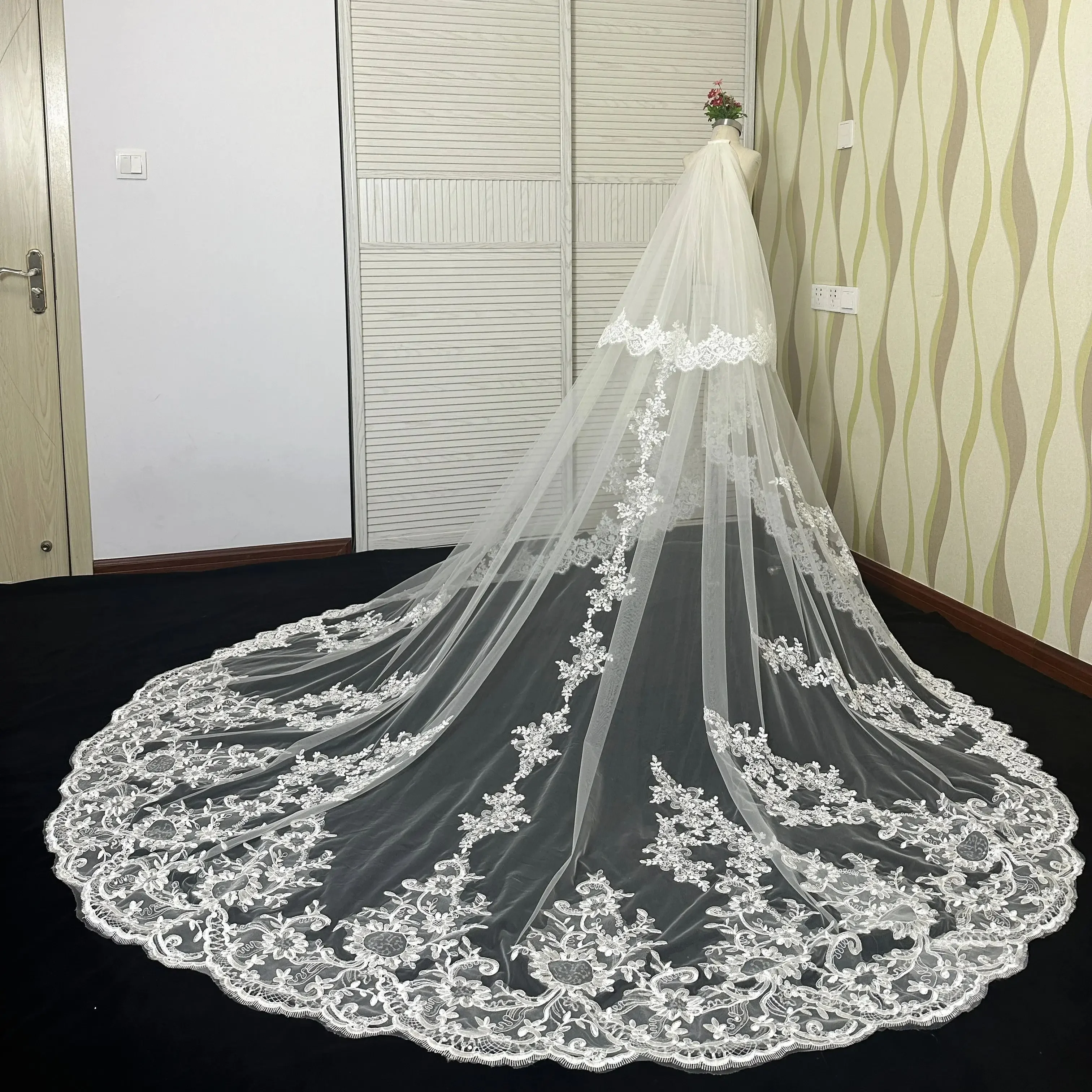 

Cathedral Length 2025 NEW Bridal Veil 2Layers Wide Lace Veil with Metal Comb New Pattern for Wedding Real Photo