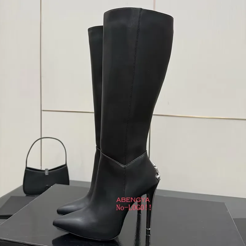 ABENGYA Sexy Black Suede Leather Knee High Boots For Women Sexy Strange Heels Party Long Boots Autumn Thin High Boots Women view 5
