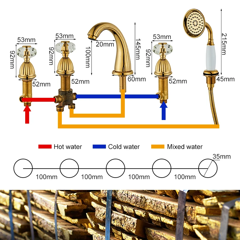 Imagem -02 - Ellen Banheira Torneiras Misturador para Banheira de Ouro Buraco Cristal Quente e Fria Guindaste Água com Chuveiro Mão El7511