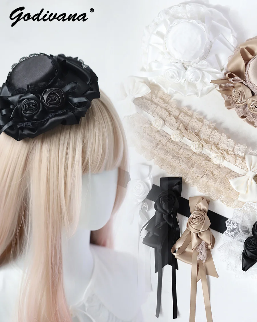 Handmade Gothic Lolita Black White Rose Flower Bow Barrettes Nololita Female Girls Billycock Lace Hair Band Hair Clips