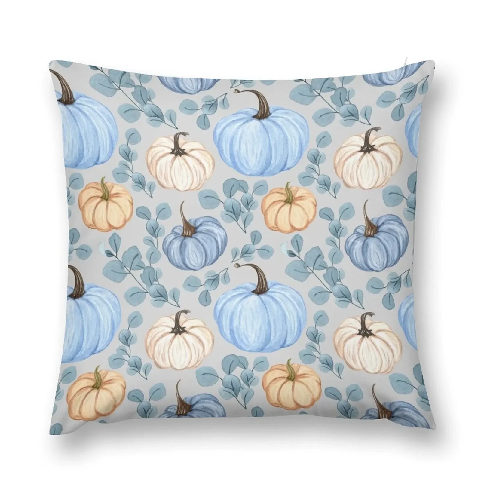 

Blue and white pumpkins with gray fall foliage background seamless pattern Throw Pillow Decorative Sofa Cushion pillow