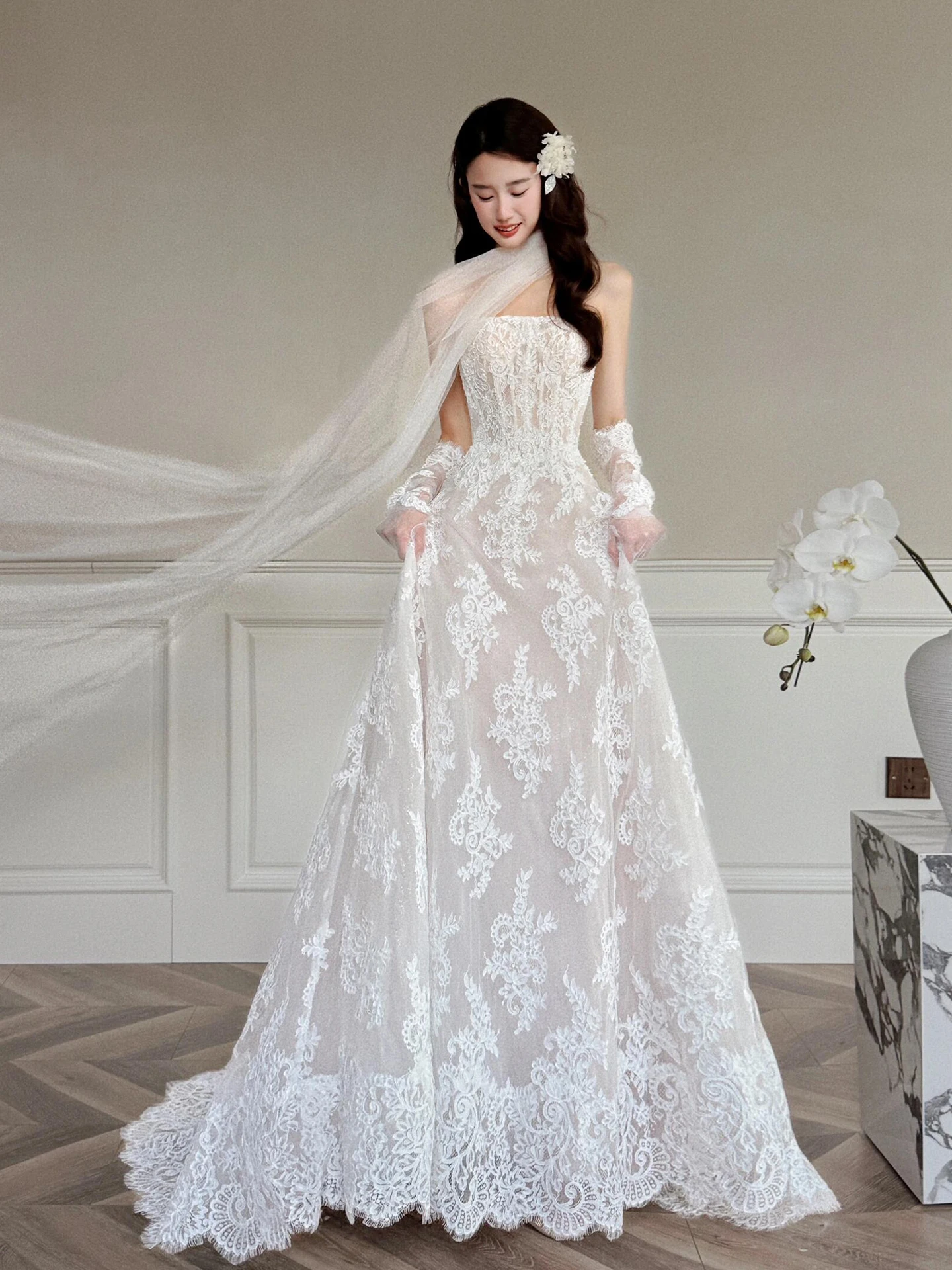 

Белое кружевное платье Quinceanera с вышивкой, трапециевидное свадебное платье без бретелек длиной до пола, ажурное бандажное платье на день рождения