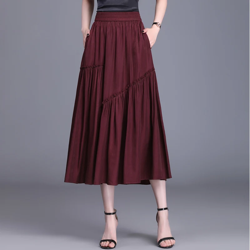 

Юбка из ледяного шелка для женщин, весна-лето, новая, средней длины, с завышенной талией, А-силуэт, плиссированная, стройнящая, кружевная, расклешенная, длинная юбка