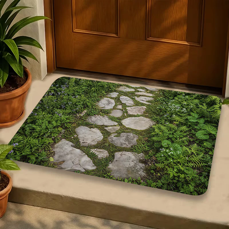 Forest Stone Path Flat 2D Pattern Area Rug Bath Mat Non-Slip Doormat Floor Mat Water Absorbent Home Decor