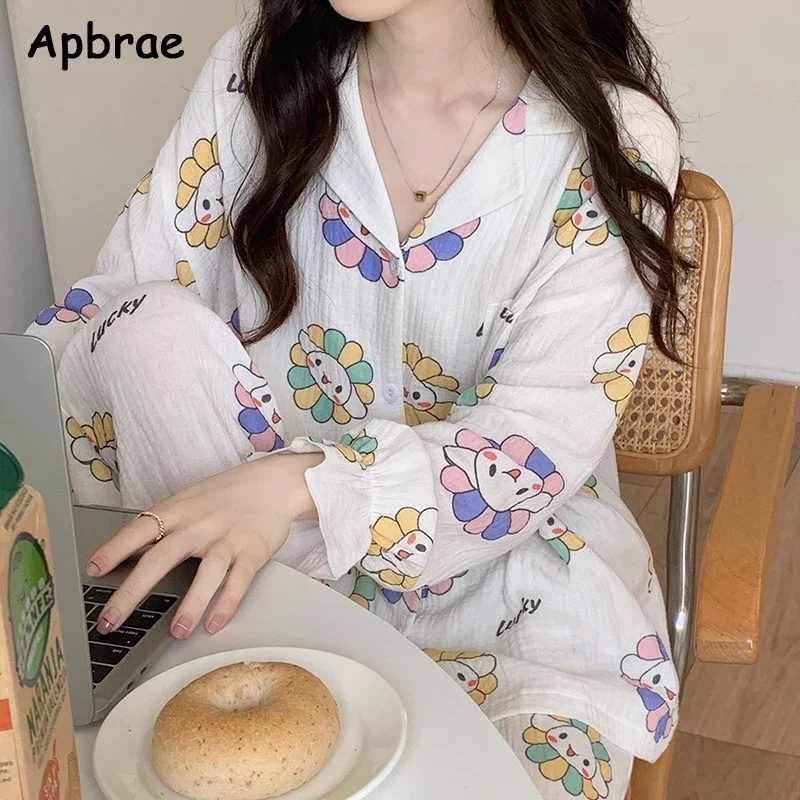 Apbrae Bubble Crepe Cotton Pajamas for Women Korean Style Homewear Kimono Pijamas Long Sleeves Loungewear Bear Print Sleepwear