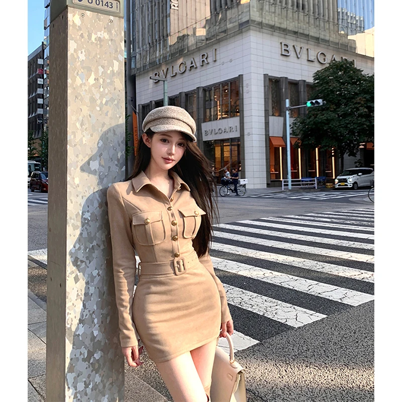 Mexzt vintage camurça mini vestido feminino y2k sexy hip wrap vestidos outono gyaru streetwear manga longa bodycon uma linha vestidos novo