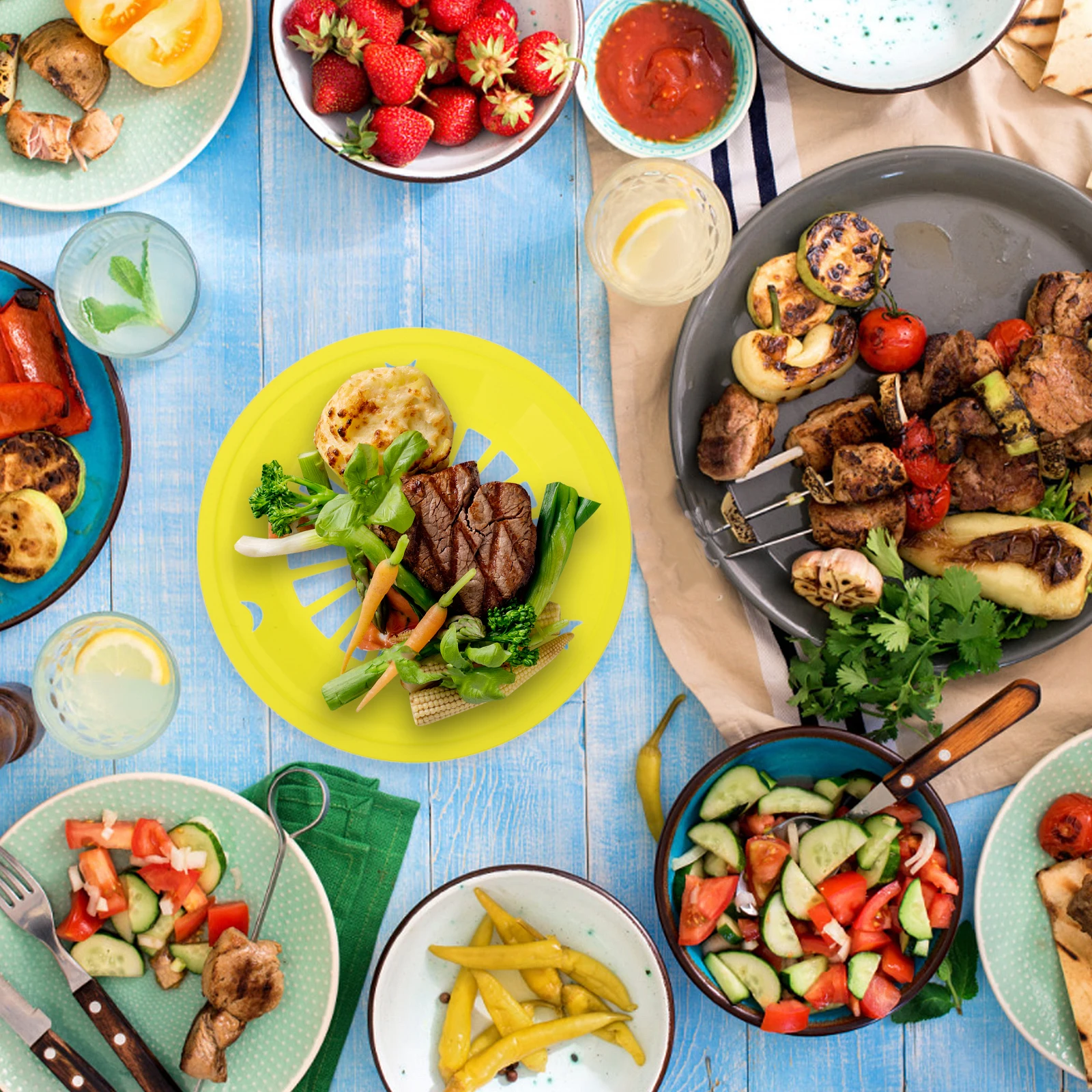 

12Pcs Reusable Plastic Hollow Drainage Plates Bbq Grill Tray Party Picnic Supplies Food Serving Plates