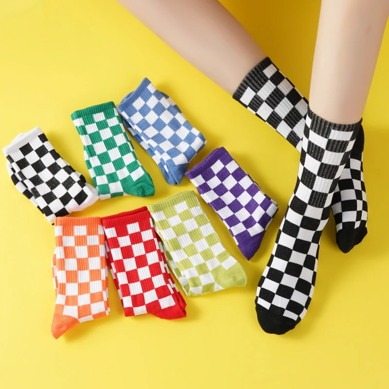 Children's Socks Trendy Checkerboard Street Fashion Square Pattern Novel And Interesting Plaid Style Neutral  Mid-Tube Socks