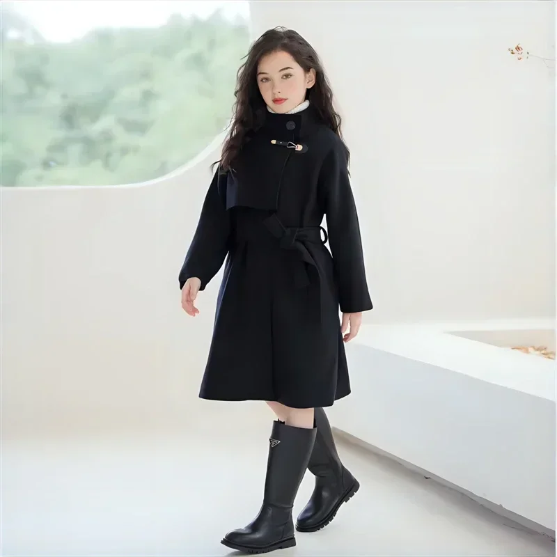 10 12 14 Years School Teen Kids Jacket Children Outerwear Winter Girls Wool Coat Fashion Mid-length Double-faced Tweed Overcoat