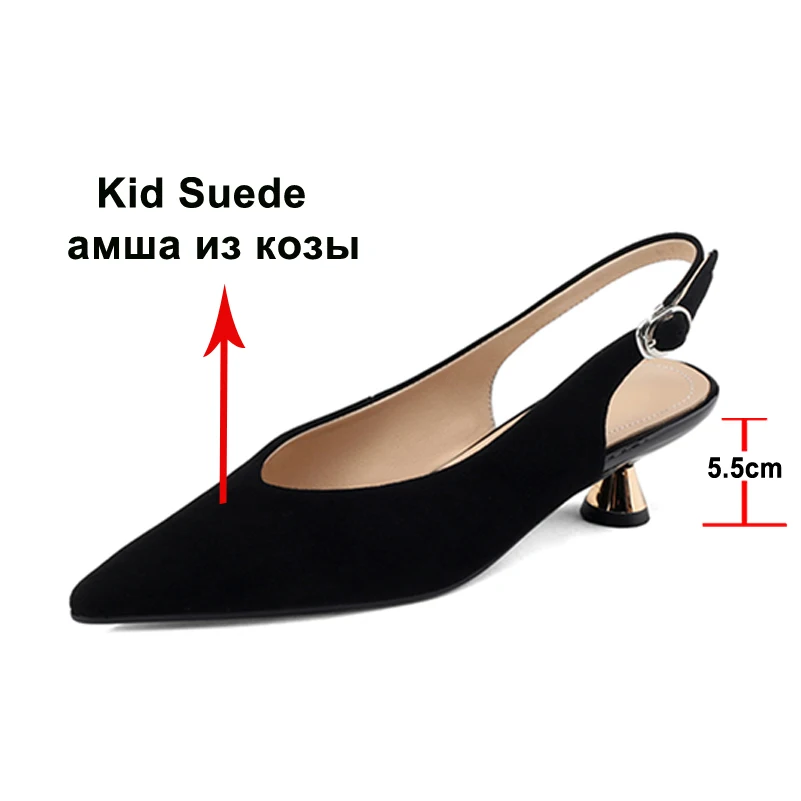 Meotina Women Natural Genuine Leather Slingbacks Pumps Pointed Toe High Heels Shallow Strange Style Shoes Ladies Fashion Black