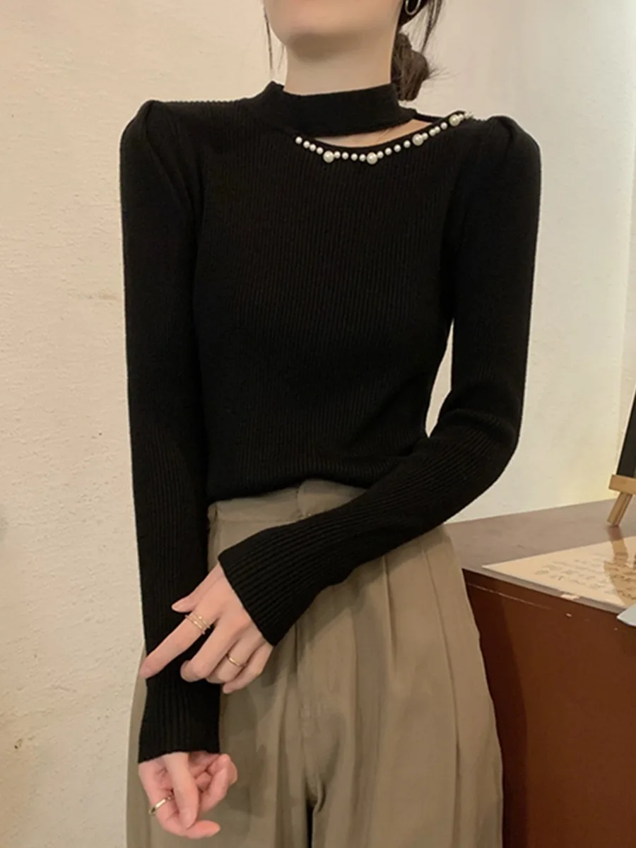 

Korean Sle Beaded Knitted Sweater Women's Autumn Winter Hollow Out Design F High Collar Ne Hanging Long Sve Top