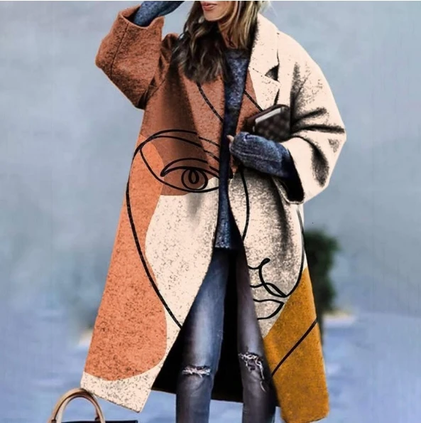 2024 new autumn and winter casual women's warm long-sleeved lapel coat printed thick woolen long versatile fashionable coat