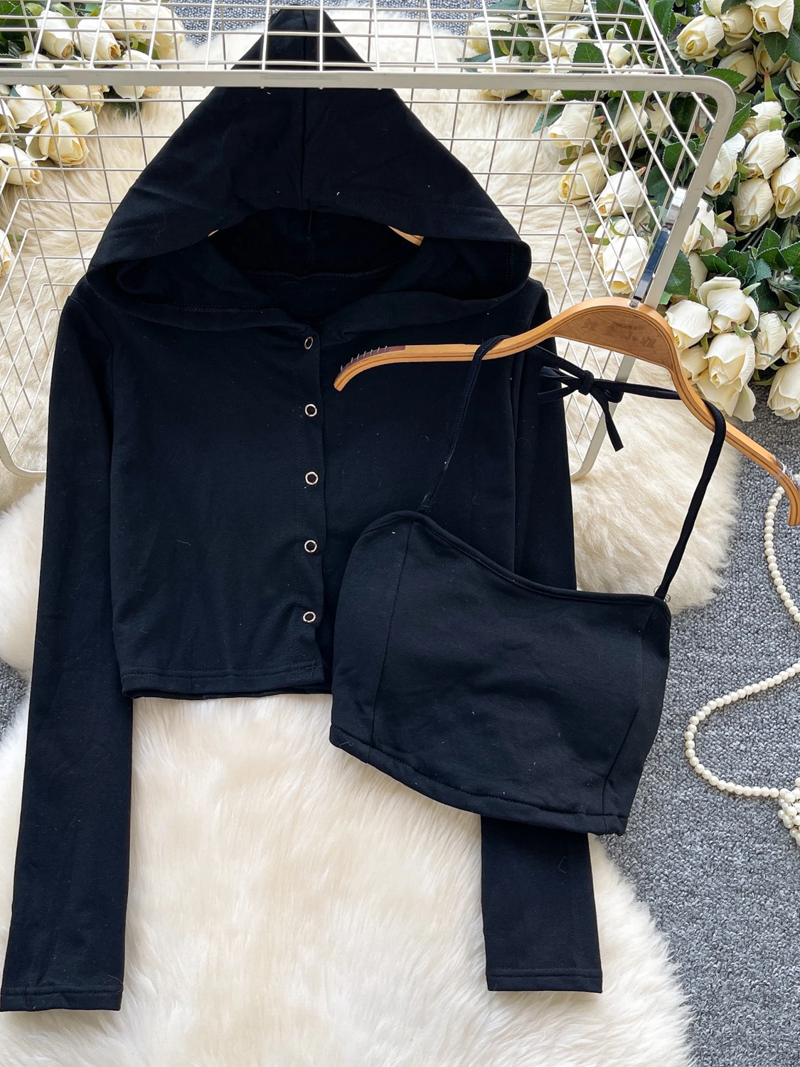 Setelan Wanita Kasual dengan Tali Selempang, Atasan Dalaman Musim Gugur dengan Rompi Luar dan Hoodie, Setelan Fashion Wanita