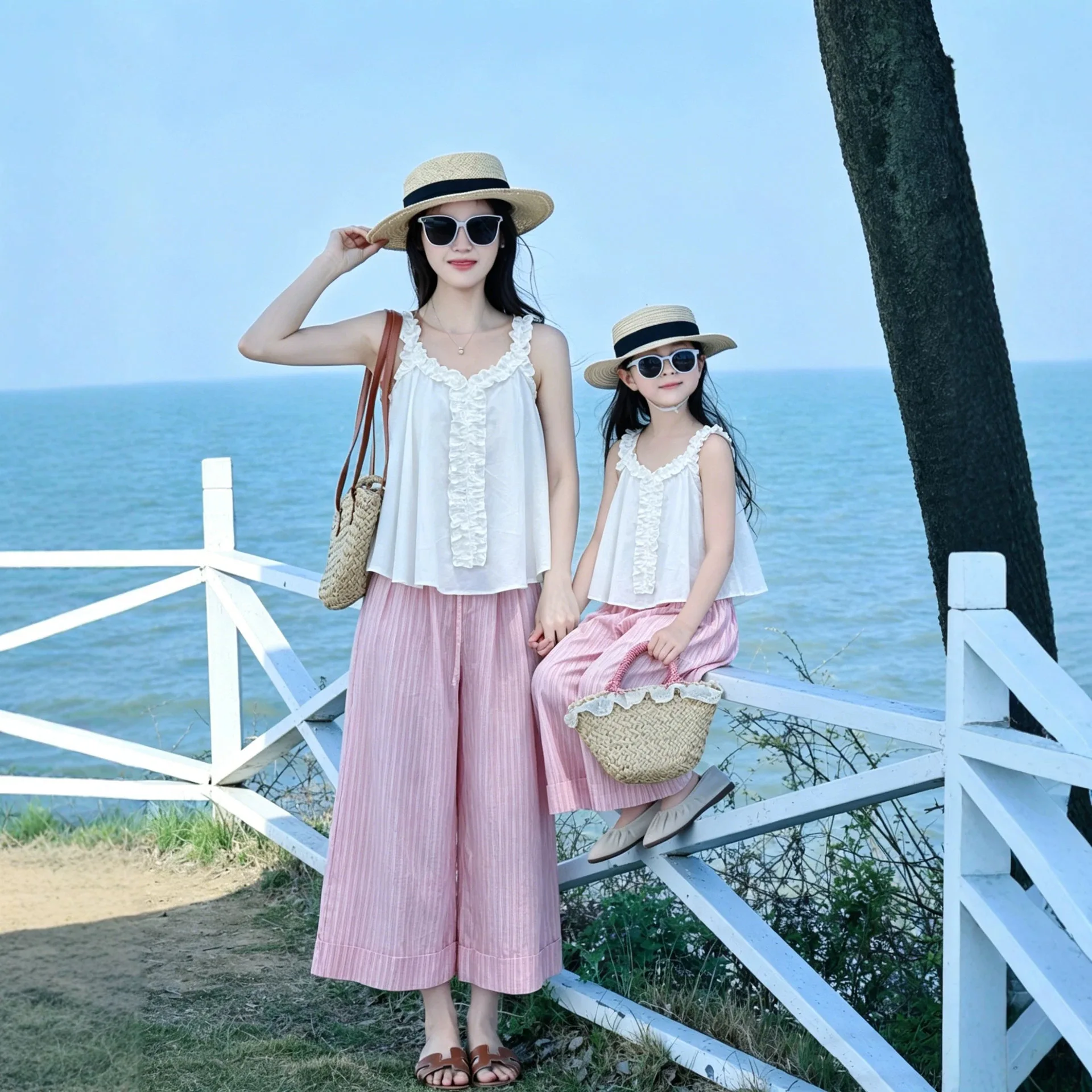 Parent child matching summer white camisole vest and pink striped wide leg pants  resort style beach set for mother and daughter